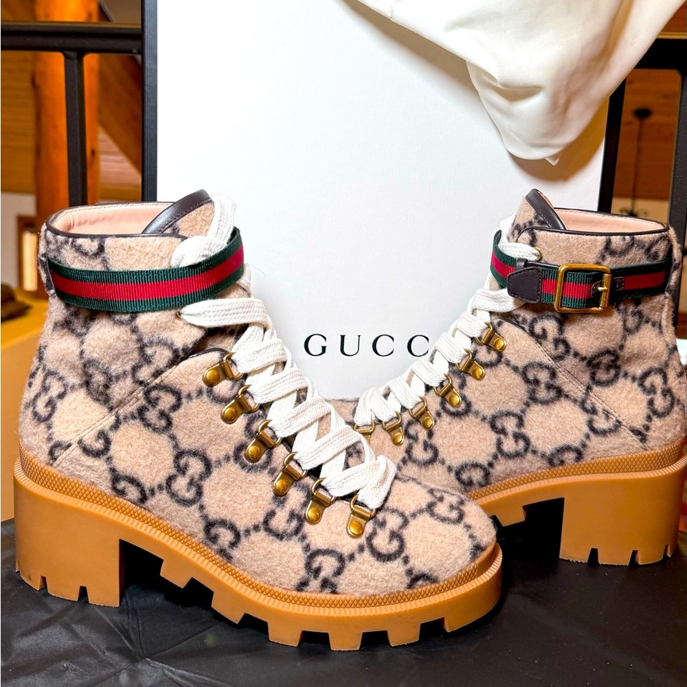Gucci Combat lace up -monogram Boots